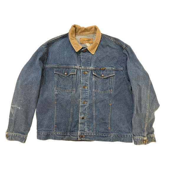 Vintage 90s Wrangler Jacket Mens 2XL Blue Denim Corduroy Collar Western Cowboy - Picture 1 of 12